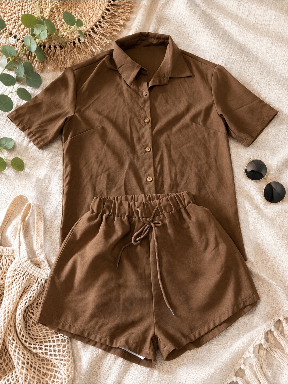 Casual Two-Piece Brown Button Shirt & Drawstring Shorts Set